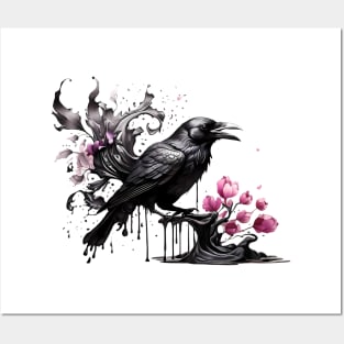 Ink Crow and sakura - Ink dripping effect Posters and Art